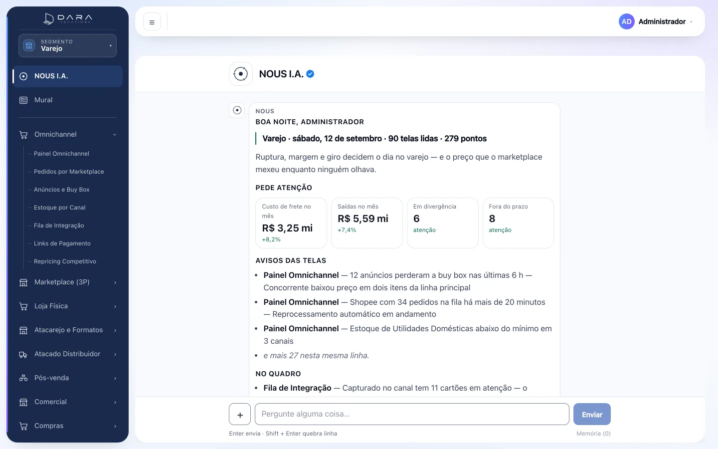 Tela do assistente NOUS I.A. aberta no portal, com a saudação do dia, o foco do ramo, quatro indicadores que pedem atenção e os avisos vindos das telas